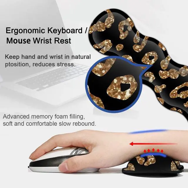 Alt view image 4 of 5 - Desk Pad, Keyboard Mouse Pad Set, Extended Gaming Mouse Pad+ Ergonomics Memory Foam Wrist Rest Support,31.5x11.8in Waterproof Large Mouse Pad for Home Office,Gold Leopard Pattern Black XXL Mouse Mat