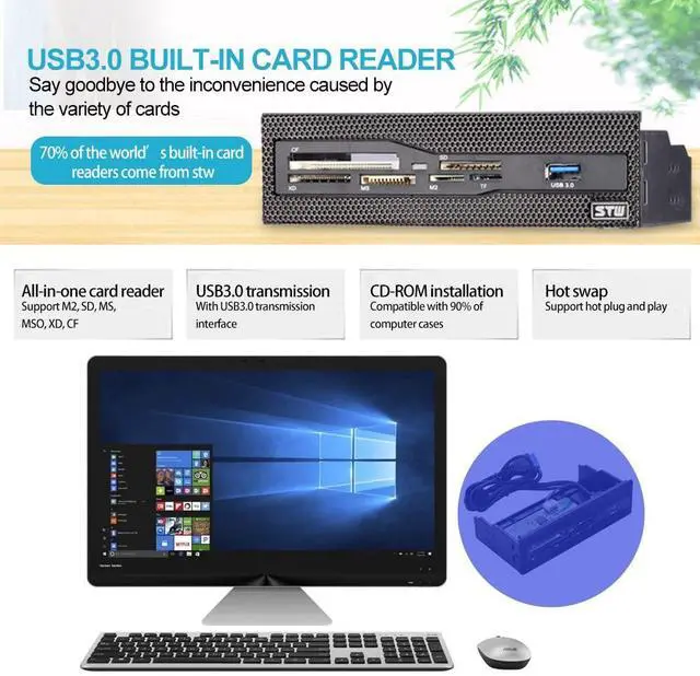 Alt view image 2 of 5 - Computer Front Panel USB 2.0 PC Internal Card Reader PC Dashboard Fits 5.25 inch Drive Bay, Support M2, , MS, XD, CF, TF Card