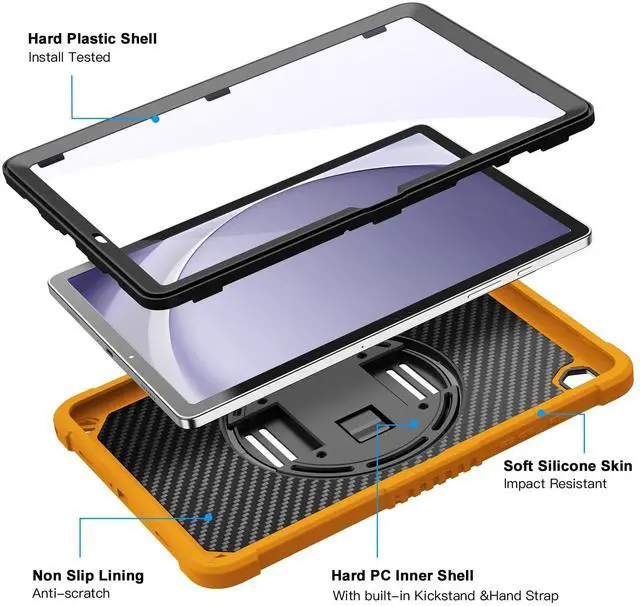Alt view image 3 of 5 - ZtotopCases for Samsung Galaxy Tab A9+ / A9 Plus 11'' 2023 (SM-X210/X216/X218), Shockproof Hard Duty Case with Screen Protector+360 Rotating Hand Strap&Stand+Shoulder Strap for Tab A9+ Tablet, Orange