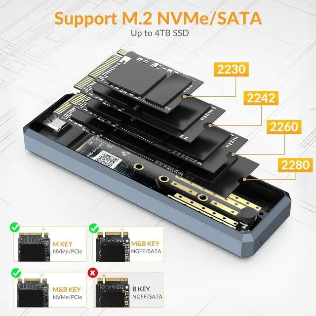 Alt view image 2 of 5 - iDsonix M.2 NVMe SATA SSD Enclosure Adapter, Aluminum NVMe Enclosure USB A&C 3.2 Gen 2 10Gbps and 6Gbps SATA AHCI, Supports M-Key/B+M Key with UASP Trim for 2230/2242/2260/2280 SSDs, Grey