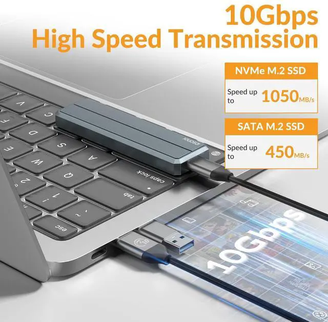 Alt view image 4 of 5 - iDsonix M.2 NVMe SATA SSD Enclosure Adapter, Aluminum NVMe Enclosure USB A&C 3.2 Gen 2 10Gbps and 6Gbps SATA AHCI, Supports M-Key/B+M Key with UASP Trim for 2230/2242/2260/2280 SSDs, Grey