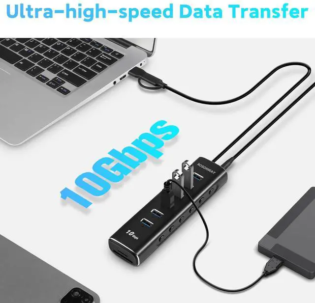 Alt view image 3 of 5 - Powered USB Hub, Rosonway 8-Port USB 3.2/USB C Hub with 6 USB 3.2 Ports 10Gbps, SD/TF Card Readers, 3.3ft Long Cable and 12V/2A Power Adapter, Aluminum USB Port Expander for Laptop and PC, RSH-A107D