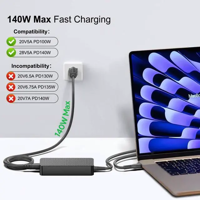 Alt view image 2 of 5 - HKY 28V 5A 140W USB C Charger Power Adapter for HP OMEN Transcend Gaming 14-fb0000 14T-FB000 14-FB023DXX 14-FB0008CA 14-FB0000CA PA-1141-08HT N22282-001 Gaming Charger Power Supply Cord