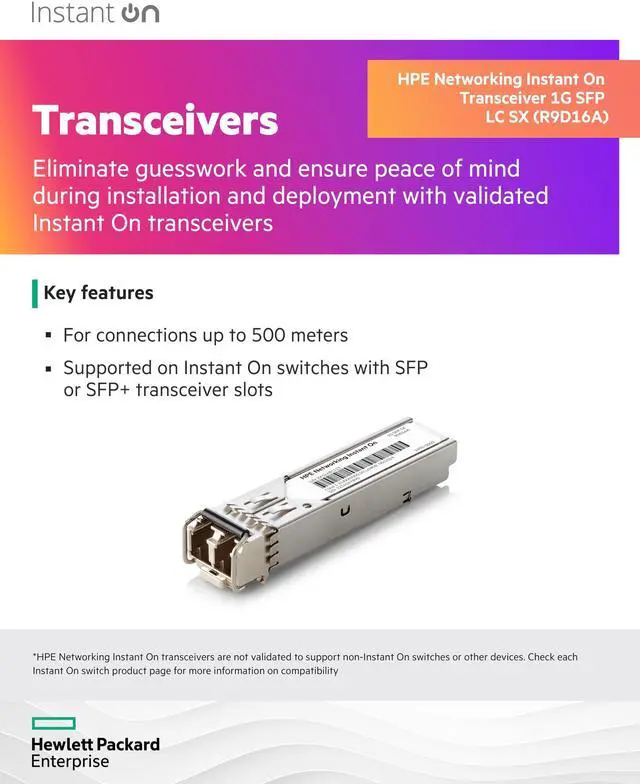 Alt view image 2 of 4 - HPE Networking Instant On 1G SFP LC SX Transceiver for Connections Up to 500 Meters (R9D16A)