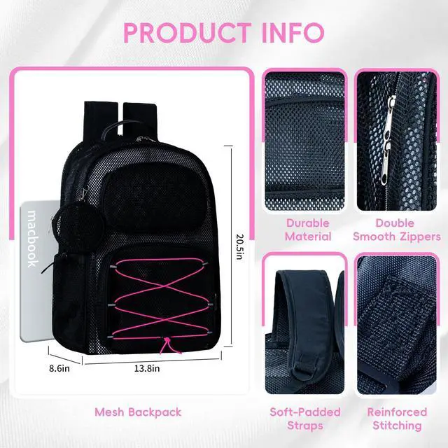 Alt view image 4 of 5 - SWANSWIFT XXLarge Mesh Backpack for School 40L See Through Stylish Heavy Duty Backpack for Girls Boys Kids Adults Beach Travel Hiking Outdoor Sport(Pink)