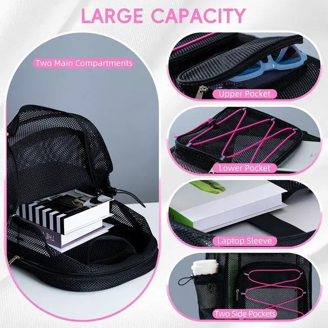 Alt view image 5 of 5 - SWANSWIFT XXLarge Mesh Backpack for School 40L See Through Stylish Heavy Duty Backpack for Girls Boys Kids Adults Beach Travel Hiking Outdoor Sport(Pink)