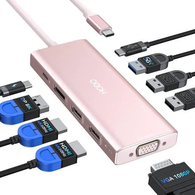 Main image of HODO USB C Docking Station Dual Monitor Adapter for Dell HP, Laptop Docking Station 3 Monitors Quad Display USB C Hub Dongle to 2 HDMI 4K,DP 8K, VGA,4 USB,PD, 9 in 1 Dongle Laptop Adapter