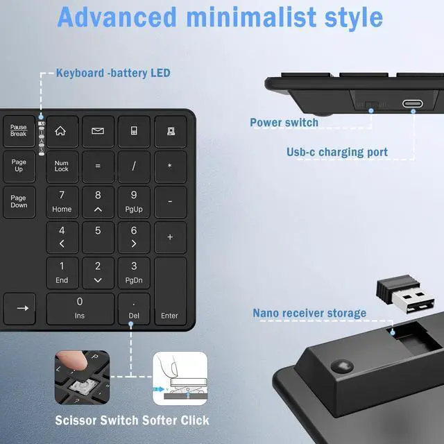 Alt view image 3 of 5 - Wireless Keyboard and Mouse Combo - 2.4GHz Wireless Connection - Ultra Slim - Silent Mouse, Compact Full Size Keyboard and Mouse Set- Adjustable 1600 DPI (Black)
