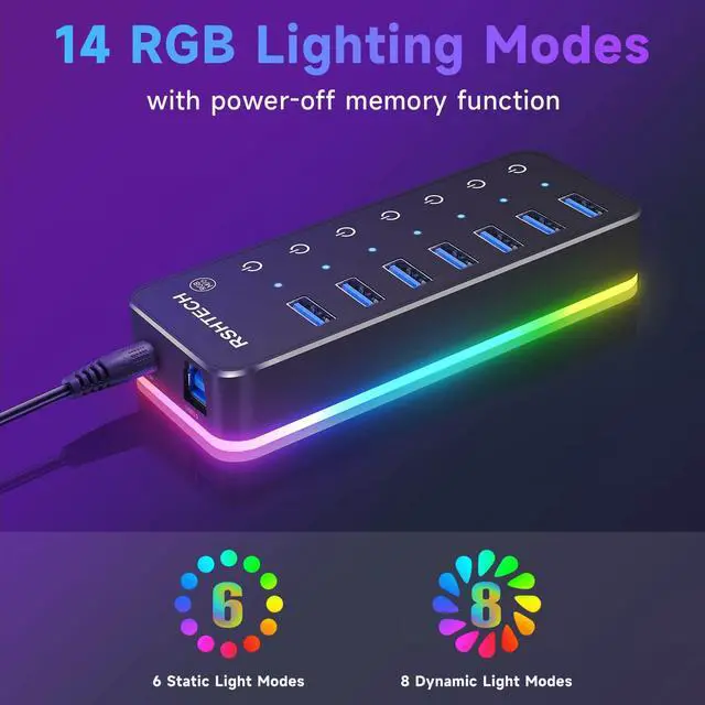 Alt view image 2 of 5 - Powered USB Hub, RSHTECH RGB 7 Ports USB 3.0/USB C Hub with 14 Mode RGB LED Strip, Individual Touch Switches, 3.3ft Cable and 5V/4A Power Adapter, Aluminum Gaming USB Hub for PC and Laptop, RSH-518R