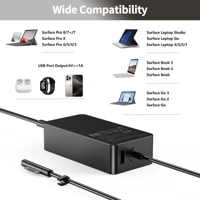 Alt view image 4 of 5 - Surface Pro Charger for Microsoft Surface Pro 9, 8, 7+, 7, 6, 5, 4, 3, X, 65W Windows Surface Laptop 5, 4, 3, 2, 1, Studio, Power Cord for Surface Book 2, 1, Power Supply Surface Go 3, 2, 1