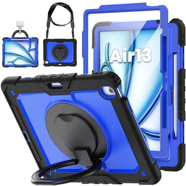 Main image of ZSLVPN for iPad Air 13 Inch Case M3 2025 / M2 2024, Heavy Duty Drop Protection Case with Screen Protector- Pencil Holder- Rotating Stand & Handle- Shoulder Strap-Shockproof Rugged Cover, Black/Blue