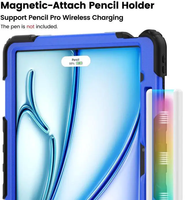 Alt view image 3 of 5 - ZSLVPN for iPad Air 13 Inch Case M3 2025 / M2 2024, Heavy Duty Drop Protection Case with Screen Protector- Pencil Holder- Rotating Stand & Handle- Shoulder Strap-Shockproof Rugged Cover, Black/Blue