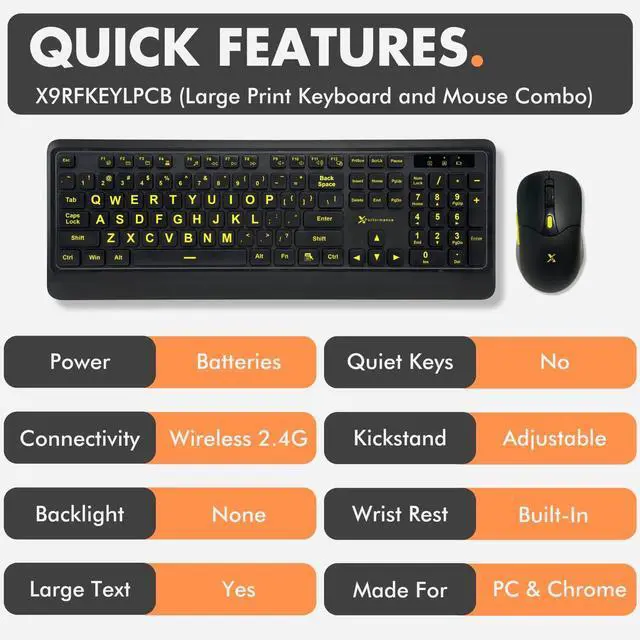 Alt view image 5 of 5 - X9 Performance Large Print Wireless Keyboard and Mouse Combo - 4X Larger Oversize Yellow Letters for Seniors and Low Vision Users - 2.4Ghz Wireless Mouse and Keyboard Combo for PC