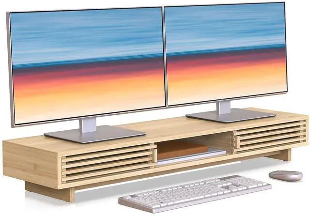 Main image of WELL WENG Dual Monitor Stand Riser with Sliding Door, Double Computer Laptop Stand Desk Shelf Organizer with Storage (Natural Bamboo, 38 Inch)