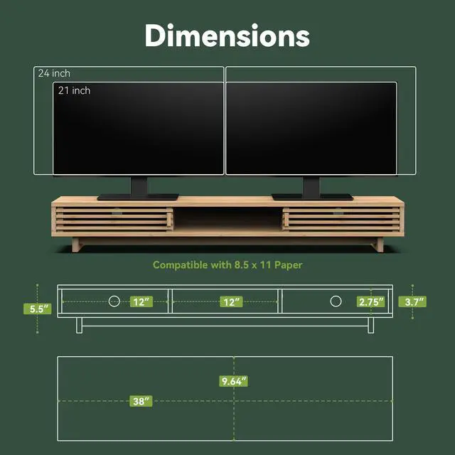 Alt view image 5 of 5 - WELL WENG Dual Monitor Stand Riser with Sliding Door, Double Computer Laptop Stand Desk Shelf Organizer with Storage (Natural Bamboo, 38 Inch)