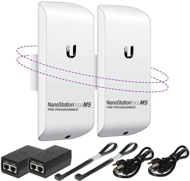 Main image of Wireless Bridge LOCOM5 PRE-Programmed Bundle of 2 Ubiquiti Nanostation LOCO M5, Point to Point Outdoor WiFi Bridge, Plugh and Play, 5GHz, 150+Mbps, 15+km Link Range Network Wireless Bridge.