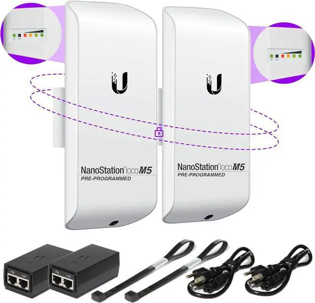Alt view image 2 of 5 - Wireless Bridge LOCOM5 PRE-Programmed Bundle of 2 Ubiquiti Nanostation LOCO M5, Point to Point Outdoor WiFi Bridge, Plugh and Play, 5GHz, 150+Mbps, 15+km Link Range Network Wireless Bridge.