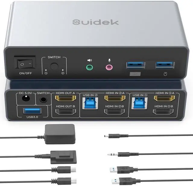 Main image of SUIDEK HDMI KVM Switch 2 Monitors 2 Computers, Dual Monitor KVM USB Switcher 4K@60Hz, HDMI Extended/Mirror Display for 2 PC Share 2 Monitors, with 3 USB 3.0 Port, Desktop Controller and 2 USB Cables