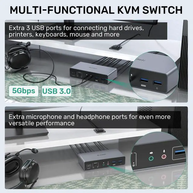 Alt view image 4 of 5 - SUIDEK HDMI KVM Switch 2 Monitors 2 Computers, Dual Monitor KVM USB Switcher 4K@60Hz, HDMI Extended/Mirror Display for 2 PC Share 2 Monitors, with 3 USB 3.0 Port, Desktop Controller and 2 USB Cables