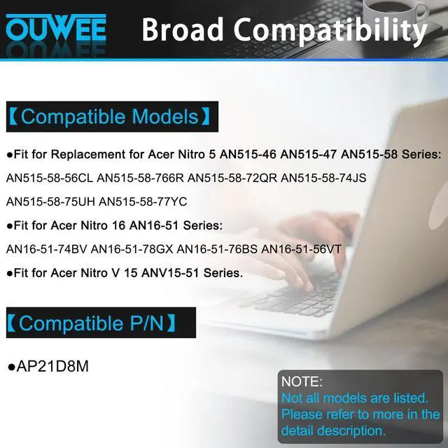 Alt view image 3 of 5 - OUWEE AP21D8M Laptop Battery Compatible with Acer Nitro 5 AN515-46 AN515-47 AN515-58 Nitro 16 AN16-51 Nitro V 15 ANV15-51 Series Notebook 15.4V 3733mAh 57.48Wh