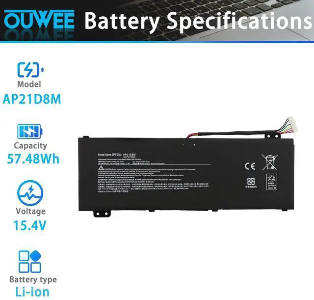 Alt view image 2 of 5 - OUWEE AP21D8M Laptop Battery Compatible with Acer Nitro 5 AN515-46 AN515-47 AN515-58 Nitro 16 AN16-51 Nitro V 15 ANV15-51 Series Notebook 15.4V 3733mAh 57.48Wh