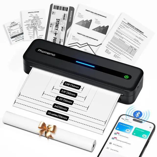 Main image of Phomemo Portable Printers Wireless for Travel, Inkless Portable Thermal Printer for Phone Laptop, Support 8.5'' x 11'' US Letter and A4 Szie, Bluetooth Mobile Printers for Vehicle Office Home Use