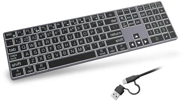 Main image of POWZAN Large Print Aluminum Bluetooth Keyboard for Mac,7 Backlit Computer Wired Keyboard with Numeric Keypad for Ipad,Full Size Slim Quiet,for iMac, MacBook Pro/Air- Space Gray