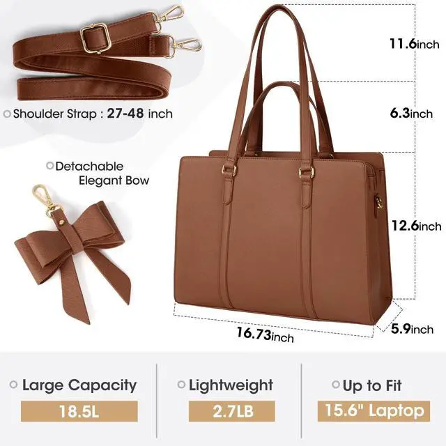 Alt view image 3 of 5 - Laptop Bag for Women 15.6 inch Laptop Tote Bag Waterproof Leather Computer Bag Large Lightweight Briefcase Professional Business Office Work Bag, Dark Brown