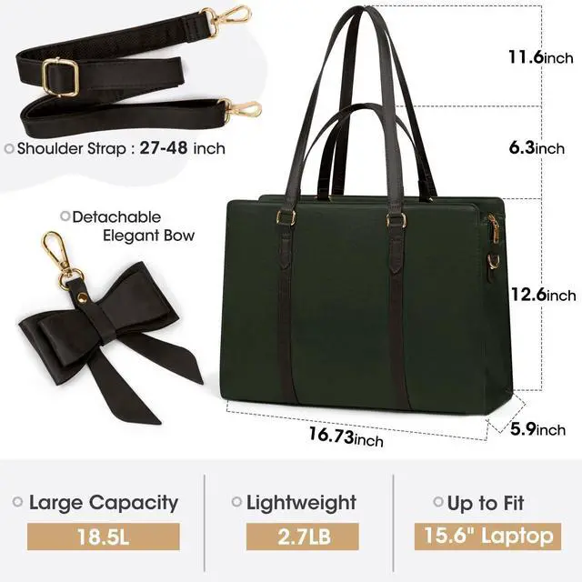 Alt view image 3 of 5 - Laptop Bag for Women 15.6 inch Laptop Tote Bag Waterproof Leather Computer Bag Large Lightweight Briefcase Professional Business Office Work Bag, Dark Green with Coffee