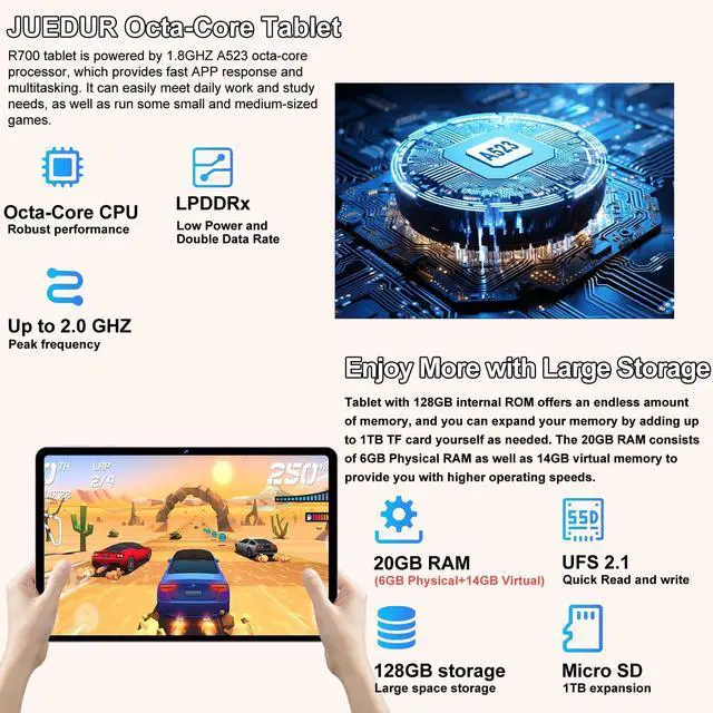 Alt view image 2 of 5 - Android 14 Tablet with Keyboard 20GB RAM 128GB ROM, 2025 Octa-Core 10 Inch Tablets with WiFi 6, 1TB Expandable, 1280x800 IPS Display, 6000mAh Battery, Widevine L1, Split Screen, Mouse, Case -Purple