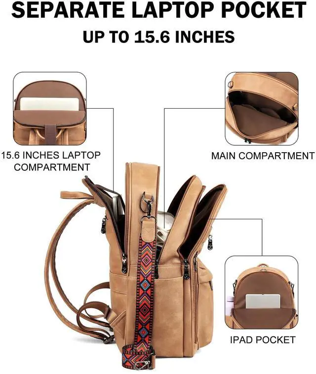 Alt view image 3 of 5 - FADEON 15.6 inch Laptop Backpack Purse for Women Designer PU Leather Computer Backpacks Fashion for Work Travel Camel Brown