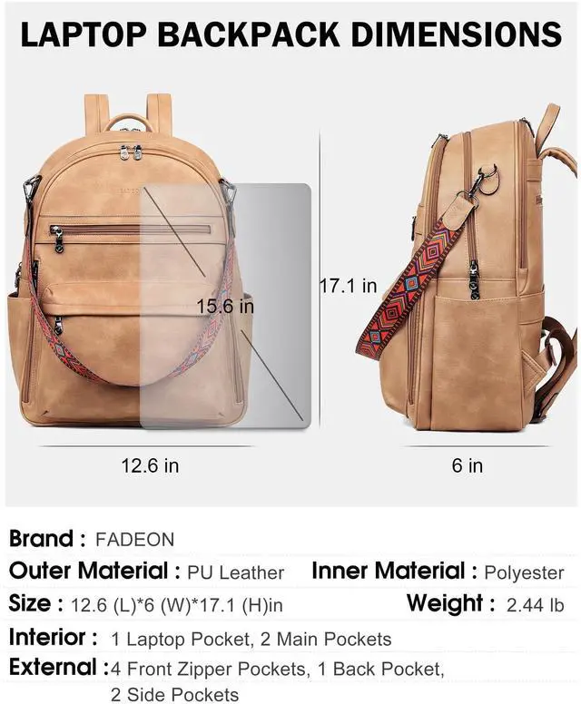 Alt view image 4 of 5 - FADEON 15.6 inch Laptop Backpack Purse for Women Designer PU Leather Computer Backpacks Fashion for Work Travel Camel Brown