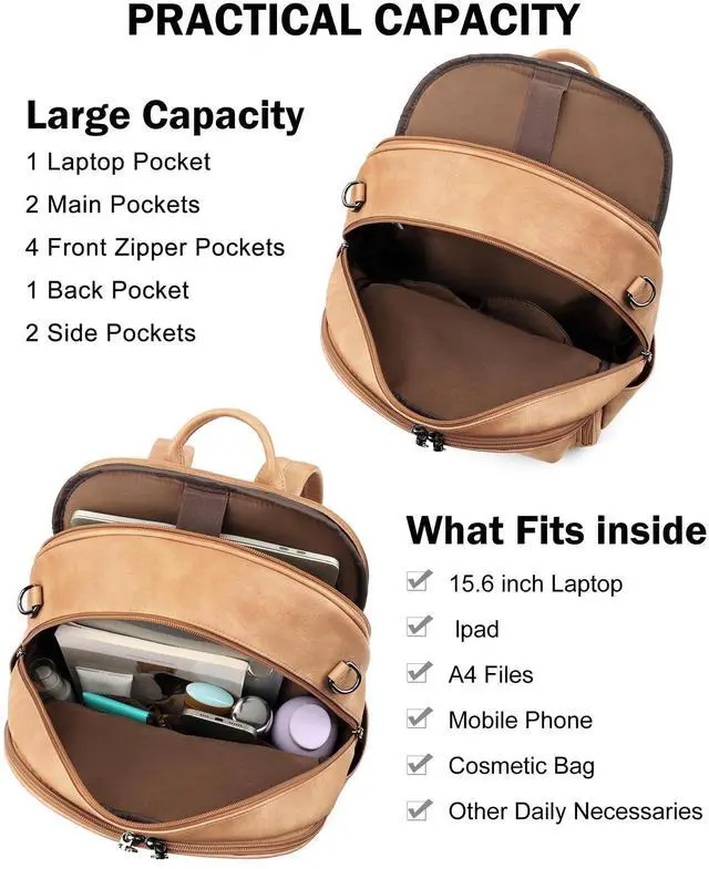 Alt view image 5 of 5 - FADEON 15.6 inch Laptop Backpack Purse for Women Designer PU Leather Computer Backpacks Fashion for Work Travel Camel Brown