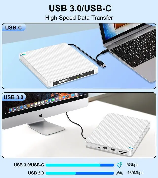 Alt view image 3 of 5 - Guamar External CD DVD Drive: Portable USB-C Burner for Laptop PC with SD/TF Slot/2 USB Ports - Plug & Play for Mac Windows 11/10 (White)