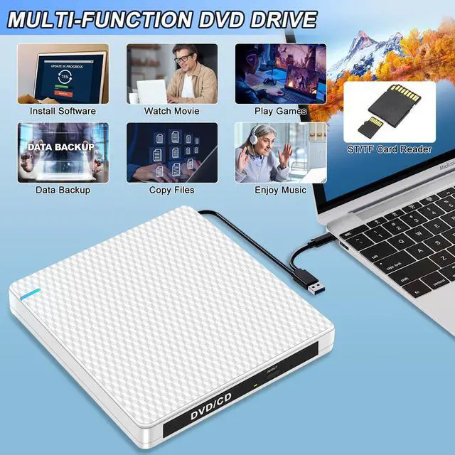 Alt view image 4 of 5 - Guamar External CD DVD Drive: Portable USB-C Burner for Laptop PC with SD/TF Slot/2 USB Ports - Plug & Play for Mac Windows 11/10 (White)