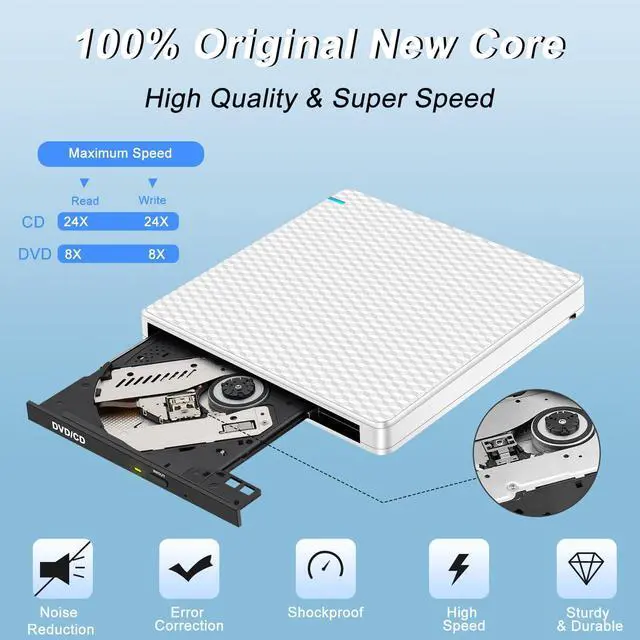Alt view image 5 of 5 - Guamar External CD DVD Drive: Portable USB-C Burner for Laptop PC with SD/TF Slot/2 USB Ports - Plug & Play for Mac Windows 11/10 (White)