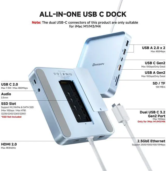 Alt view image 2 of 5 - Minisopuru iExpandMate DS802PRO iMac Accessories with 4K@60Hz HDMI, USB C Charging, 2.5GbE, 4TB M.2 SSD Enclosure, USB C Hub for iMac 24 inch M1/M3/M4, iMac Hub with 4 x USB, SD/TF, Audio | Blue