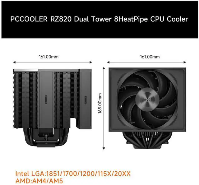 Alt view image 5 of 5 - PCCOOLER CPS RZ820 CPU Cooler, 290W Dual Tower CPU Air Cooler, 8 HeatPipes CPU Cooling Fan System & 3 Modes PWM Silent Fans, Air Cooler for Intel LGA 1851/1700/1200/115X/20XX,AM4/AM5 (RZ820 BK)
