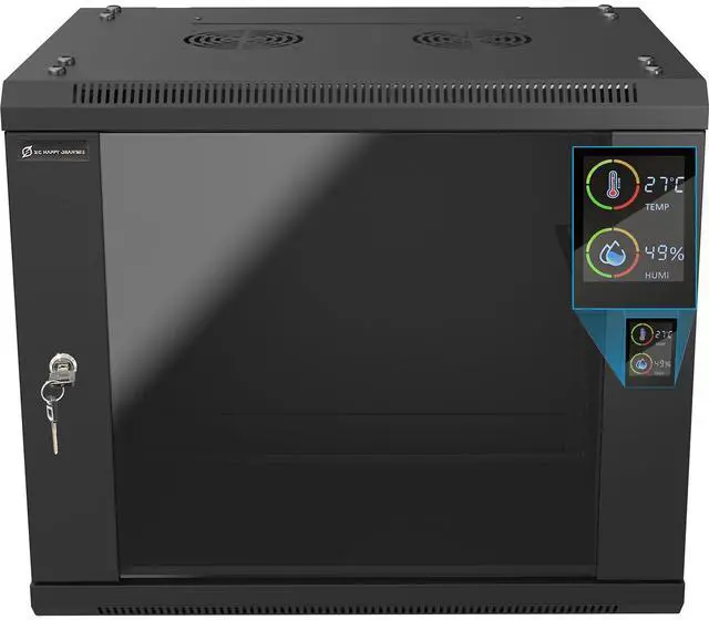 Main image of ZC HAPPY ORANGES 9U Wall Mount Rack Server Rack Enclosure with 2 Cooling Fans, Glass Door, Locks, Temp Display, 9U Network Cabinet 450mm Depth, 19 Inch Server Cabinet for IT Equipment, A/V Devices