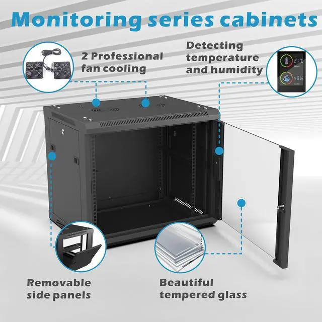 Alt view image 2 of 5 - ZC HAPPY ORANGES 9U Wall Mount Rack Server Rack Enclosure with 2 Cooling Fans, Glass Door, Locks, Temp Display, 9U Network Cabinet 450mm Depth, 19 Inch Server Cabinet for IT Equipment, A/V Devices