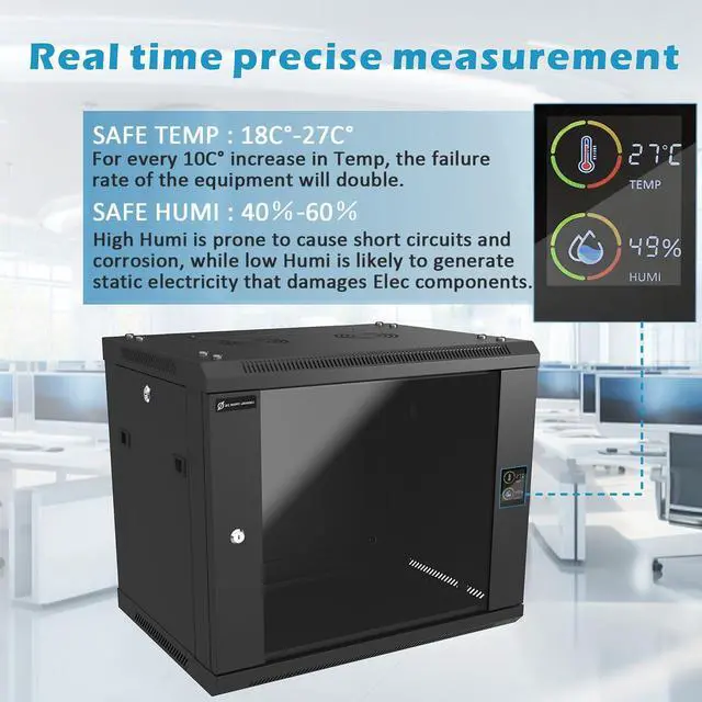 Alt view image 3 of 5 - ZC HAPPY ORANGES 9U Wall Mount Rack Server Rack Enclosure with 2 Cooling Fans, Glass Door, Locks, Temp Display, 9U Network Cabinet 450mm Depth, 19 Inch Server Cabinet for IT Equipment, A/V Devices