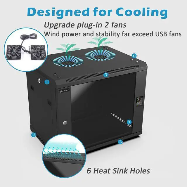 Alt view image 5 of 5 - ZC HAPPY ORANGES 9U Wall Mount Rack Server Rack Enclosure with 2 Cooling Fans, Glass Door, Locks, Temp Display, 9U Network Cabinet 450mm Depth, 19 Inch Server Cabinet for IT Equipment, A/V Devices