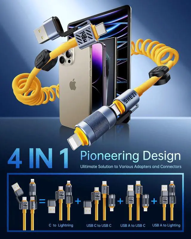 Alt view image 2 of 4 - Vexipia 4-in-1 Coiled USB C Cable for Car [140W Fast Charging] USB C to Lightning Cable [CarPlay&Android Auto] Charger Cord with L/Type C/USB A Multi Ports for iPhone/iPad-5ft Yellow (SHEZI-Series)