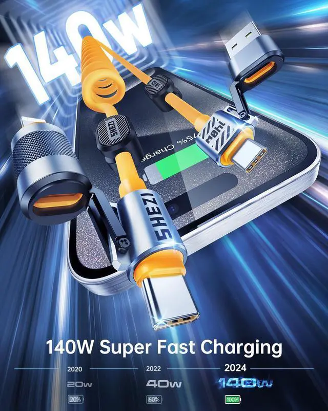 Alt view image 3 of 4 - Vexipia 4-in-1 Coiled USB C Cable for Car [140W Fast Charging] USB C to Lightning Cable [CarPlay&Android Auto] Charger Cord with L/Type C/USB A Multi Ports for iPhone/iPad-5ft Yellow (SHEZI-Series)