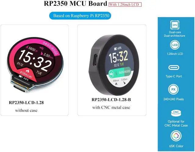 Alt view image 2 of 5 - RP2350 Microcontroller Development Board with 1.28inch Round LCD IPS Screen 240×240 Pixels, 65K, Based on RPi RP2350, Dual-core & Dual-Architecture Design Type-C Connector, with CNC Metal Case