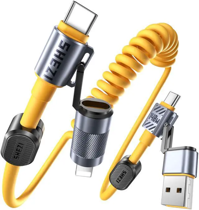 Main image of Vexipia 4-in-1 Coiled USB C Cable for Car [140W Fast Charging] USB C to Lightning Cable [CarPlay&Android Auto] Charger Cord with L/Type C/USB A Multi Ports for iPhone/iPad-5ft Yellow (SHEZI-Series)