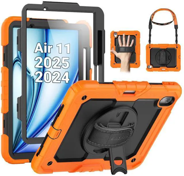 Main image of SEYMAC Case for iPad Air 11 Inch M3 2025/M2 2024 (Air 7th/6th Generation), Heavy Duty Shockproof Protective Case with Screen Protector, Rotating Stand and Hand/Shoulder Strap, Orange