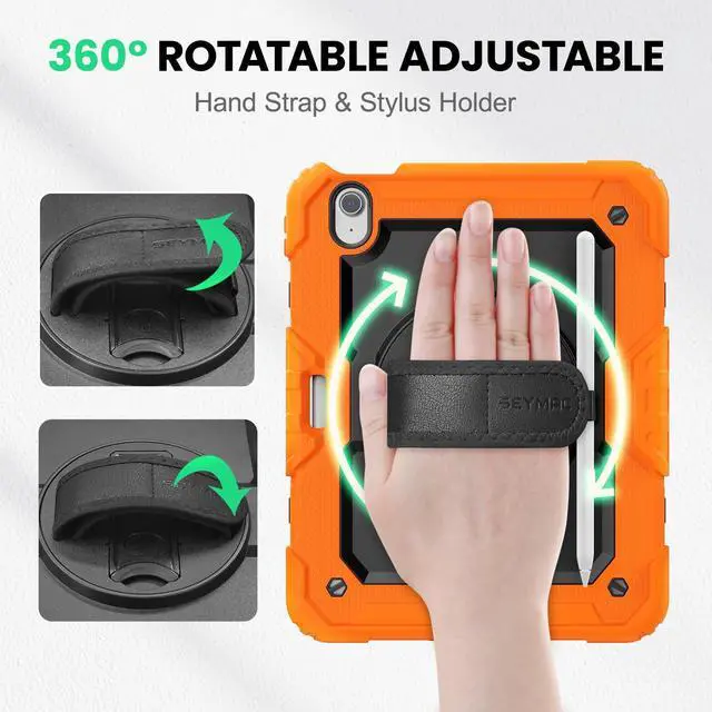 Alt view image 3 of 5 - SEYMAC Case for iPad Air 11 Inch M3 2025/M2 2024 (Air 7th/6th Generation), Heavy Duty Shockproof Protective Case with Screen Protector, Rotating Stand and Hand/Shoulder Strap, Orange