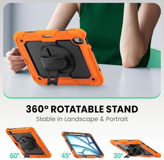 Alt view image 4 of 5 - SEYMAC Case for iPad Air 11 Inch M3 2025/M2 2024 (Air 7th/6th Generation), Heavy Duty Shockproof Protective Case with Screen Protector, Rotating Stand and Hand/Shoulder Strap, Orange