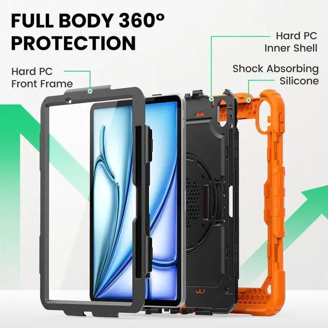 Alt view image 5 of 5 - SEYMAC Case for iPad Air 11 Inch M3 2025/M2 2024 (Air 7th/6th Generation), Heavy Duty Shockproof Protective Case with Screen Protector, Rotating Stand and Hand/Shoulder Strap, Orange